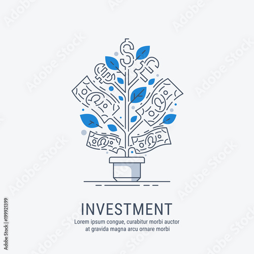 Financial investment with money tree. Vector illustration modern line art.