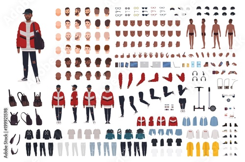 Stylish young man dressed in trendy clothes constructor. Guy in street style outfit. Set of body parts, clothing, accessories. Male cartoon character. Front, side, back views. Vector illustration.