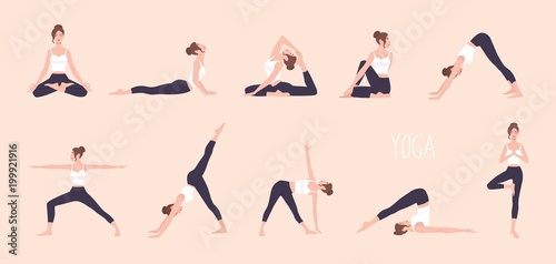 Collection of young woman performing physical exercises. Bundle of female cartoon character demonstrating various yoga positions isolated on light background. Colorful flat vector illustration.