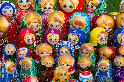 Many Russian matreshkas. The Russian national doll is a souvenir of nesting dolls