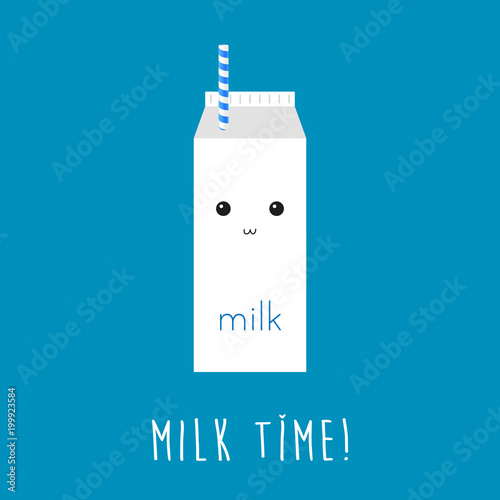 Milk time illustration with cute little face and blue straw isolated on blue background. Happy milk character design.