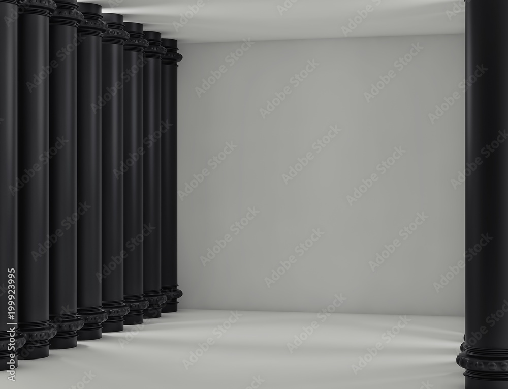Empty light room with white brick walls and black columns. 3d render Empty light room with white brick walls and black columns. 3d render