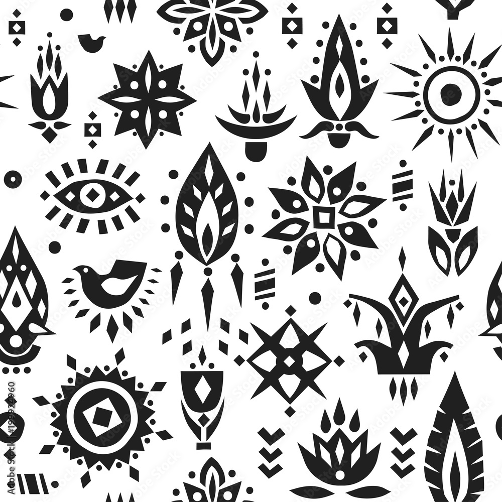Vector seamless pattern of stylized black african flowers on a white background.