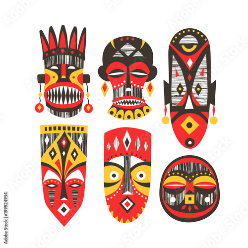 Vector collection of hand-drawn African masks with textures.