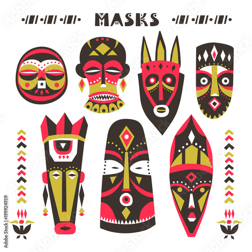 Vector collection of hand-drawn African masks, totems, amulets.