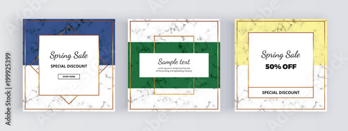 Modern geometry social media banners, marble texture with gold lines, blue, green and yellow background. Square template for designs, card, flyer, invitation, birthday, wedding, email, web, phone