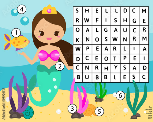 Word search puzzle kids activity. Educational children game for girls. Learning vocabulary. Mermaid world