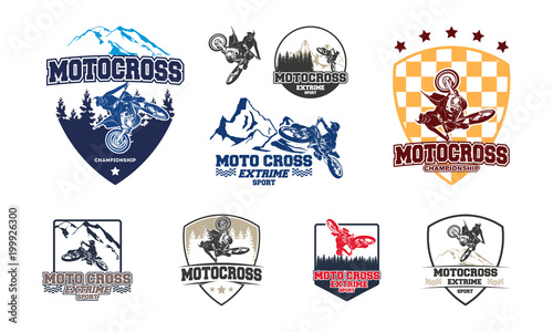 Set of Motocross Jump Logo Vector, Motocross Freestyle Logo Badge with forest and mountain symbol vector