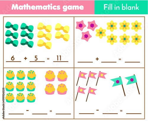 Counting educational children game, math kids activity. How many objects. Complete equations worksheet, fill blank