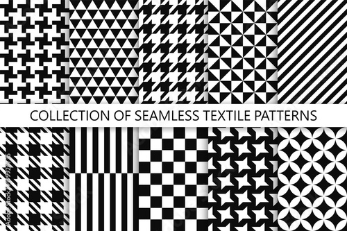 Collection of seamless textile patterns - black and white design. Vector geometric backgrounds
