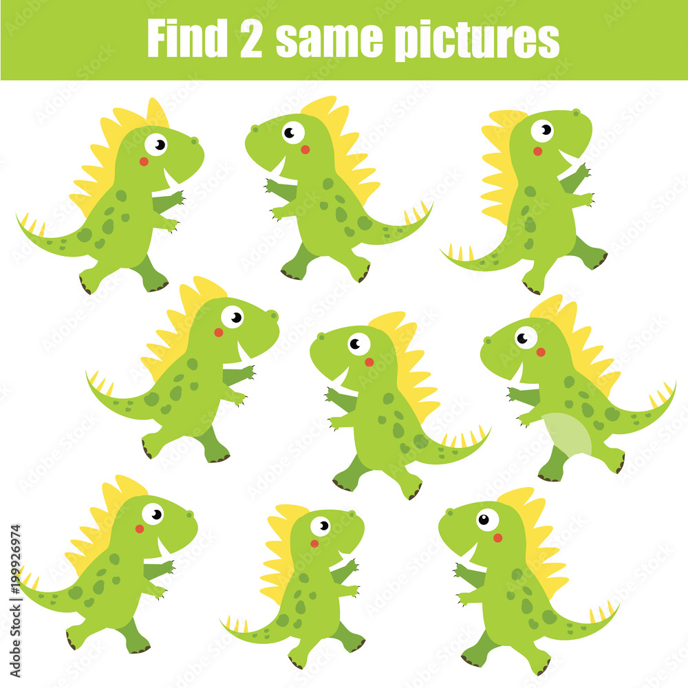 Naklejka premium Find the same pictures children educational game. Animals theme, green dinosaurs