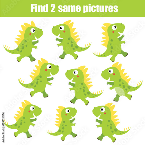 Find the same pictures children educational game. Animals theme, green dinosaurs © ksuklein