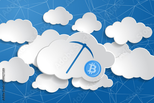 illustration of crypto currency cloud mining pickaxe icon on a b