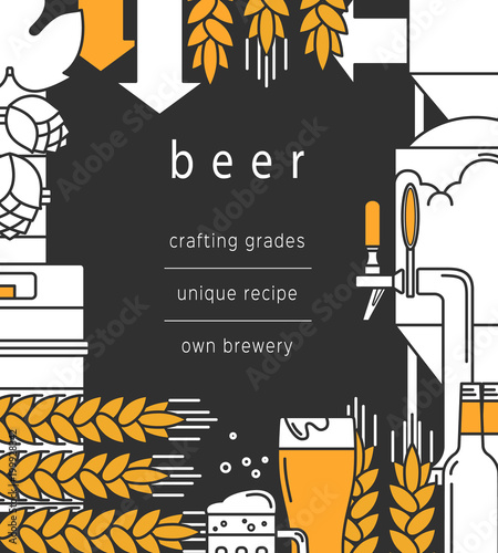Beer background. Glass, mug, beer tap, bottles and kegs, equipment for brewing, brewery, wheat and hops. Vector backdrop for booklet, brochure, flyer.
