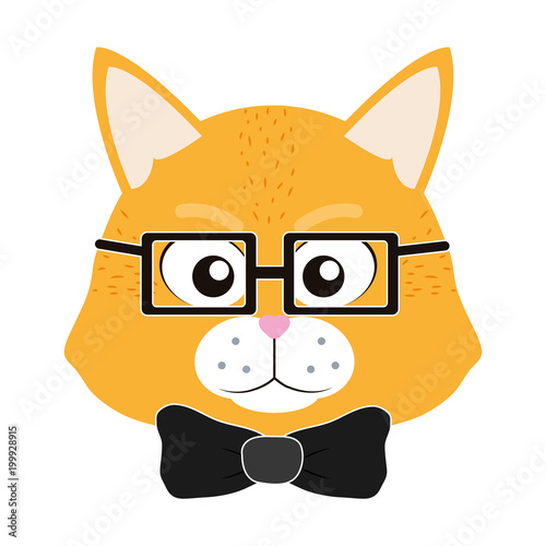 cute tiger head animal with glasses and tie bow