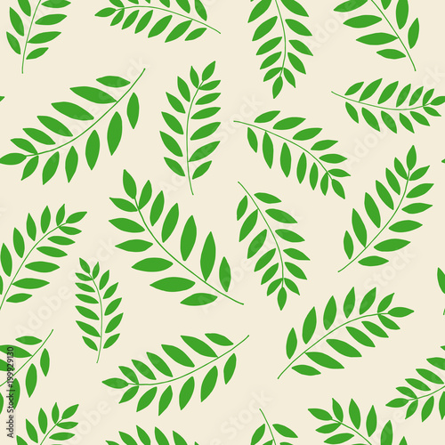 Seamless hand drawn vector doodle floral pattern with green leaves