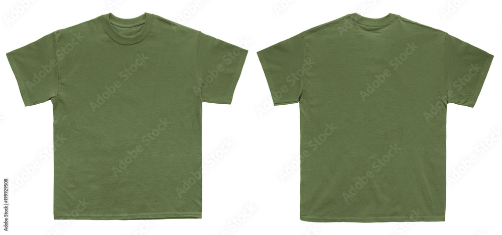 Foto Stock Blank T Shirt color military green template front and back view  on white background | Adobe Stock