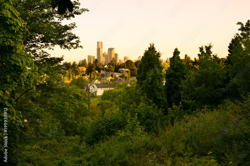 Downtown skyline and Mount Baker neighborhood, Rainier Valley District, Seattle, Washington State, USA