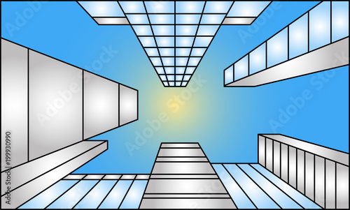 Looking up at buildings in one-point perspective view