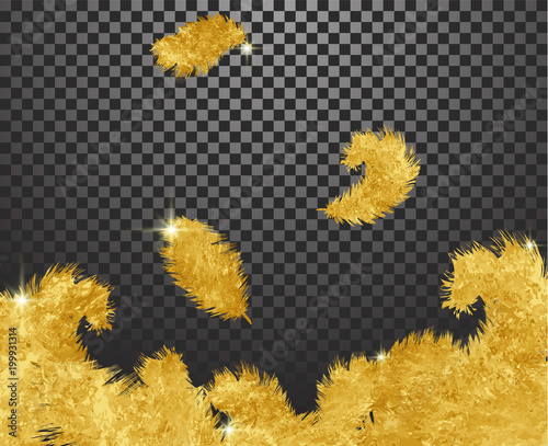 Falling twirled realistic gold feathers isolated on a transparent background. Easy style can be used in flyers, banners, web. Light cute feathers gold design. Elements for design. Vector illustration.