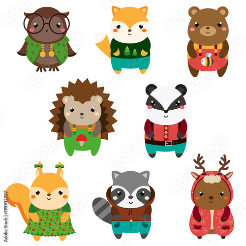 Cute forest animals. Cartoon kawaii wildlife animals set