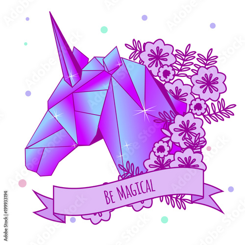 Unicorn head and motivational slogan on ribbon. Girls tattoo. Vector illustration in pastel gothic colors. Print, sticker for females, women