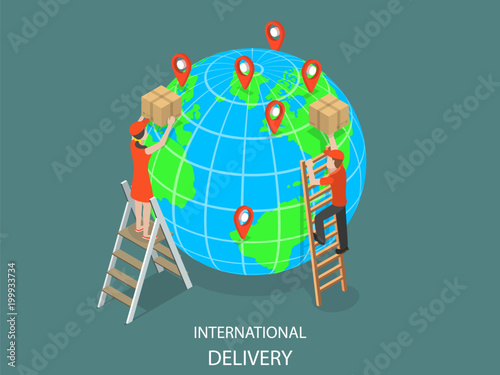International delivery flat isometric vector concept. Couriers are delivering parcels to the globe model using ladders. Global logistic, worldwide freight shipping.