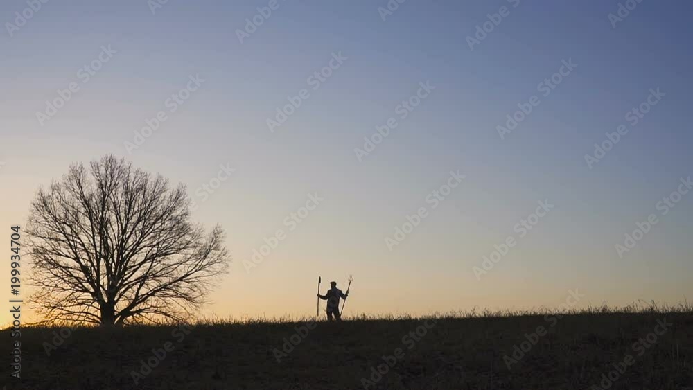 A satisfied farmer dances ib the field. Silhouette of a sunset or sunrise in field. A satisfied farmer dances ib the field. Silhouette of a sunset or sunrise in field.
