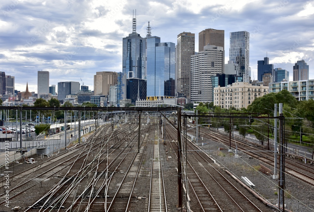 Melbourne city skyline from Richmond, looking out over train lines