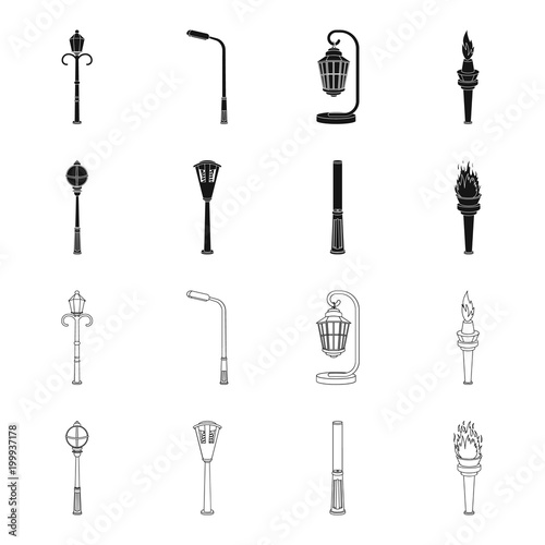 Lamppost in retro style, modern lantern, torch and other types of streetlights. Lamppost set collection icons in black,outline style vector symbol stock illustration web.