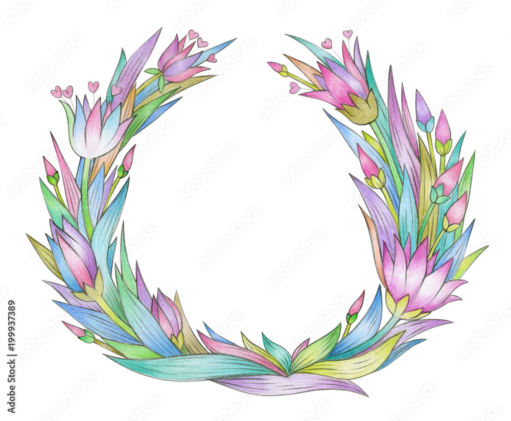 Obraz Flowers and leaves, abstract, circle, floral frame, isolated on white.