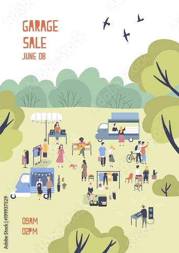 Modern flyer or poster template for garage sale or outdoor festival with food trucks, walking people, men and women buying and selling goods at park. Flat cartoon vector illustration for event promo.