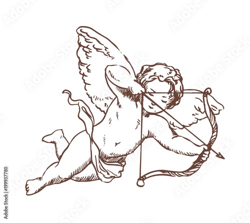 Flying Cupid holding bow and aiming or shooting arrow hand drawn with contour lines on white background. God of love, Amor, Eros or mythological character with wings. Monochrome vector illustration.