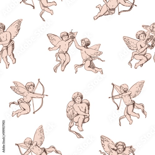 Seamless pattern Cupids holding bows and shooting arrows on white background. Backdrop with pink cute angels, gods of romantic love and passion. Vector illustration for textile print, wrapping paper. photo
