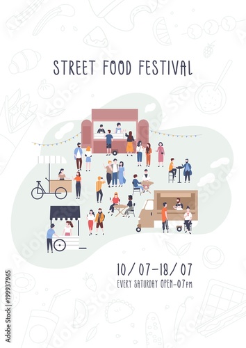 Flyer, invitation or poster template for summer street food festival with people walking between vans or caterers, buying meals, eating and drinking. Vector illustration for outdoor event promotion.