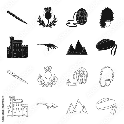 Edinburgh Castle, Loch Ness Monster, Grampian Mountains, national cap balmoral,tam shanter. Scotland set collection icons in black,outline style vector symbol stock illustration web. photo