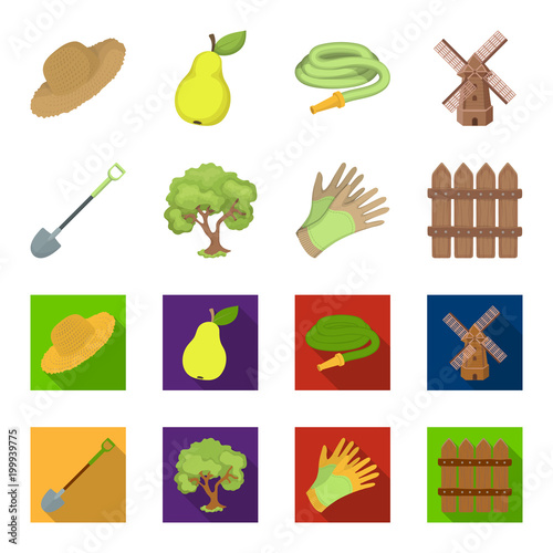 A shovel with a handle, a tree in the garden, gloves for working on a farm, a wooden fence. Farm and gardening set collection icons in cartoon,flat style vector symbol stock illustration web.