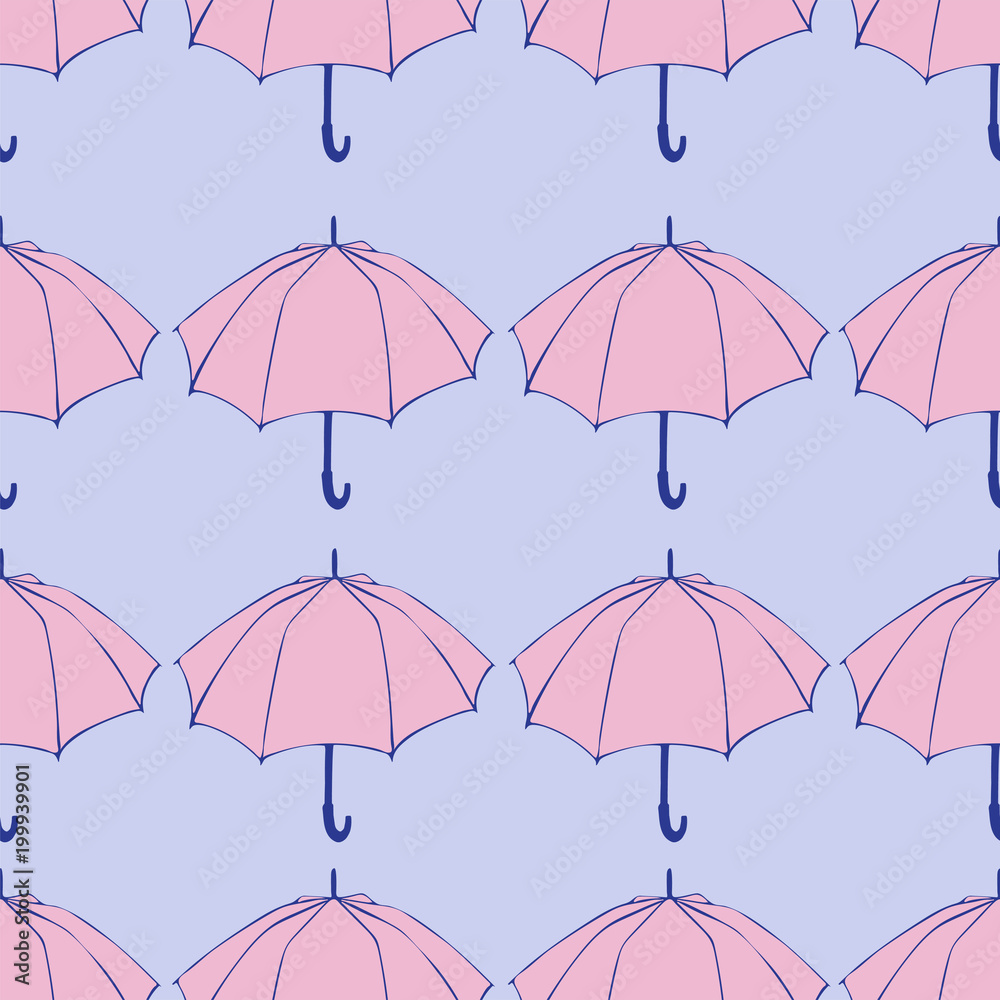 Seamless pattern with doodle umbrellas. For fabric, textile, wallpaper, wrapping paper. Vector Illustration. Hand drawn sketch. Pink elements on blue background. 