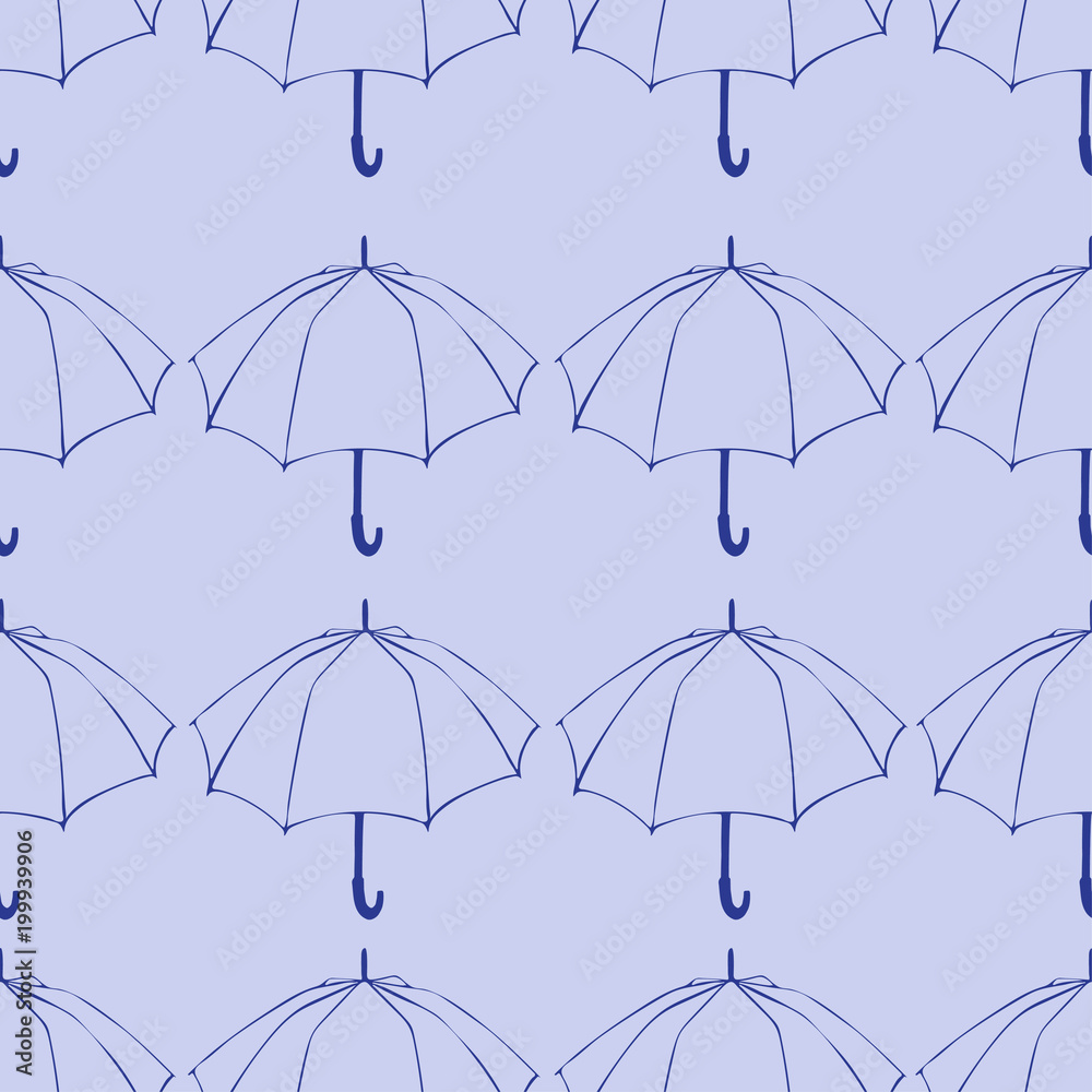 Seamless pattern with doodle umbrellas. For fabric, textile, wallpaper, wrapping paper. Vector Illustration. Hand drawn sketch. Line drawing on blue background