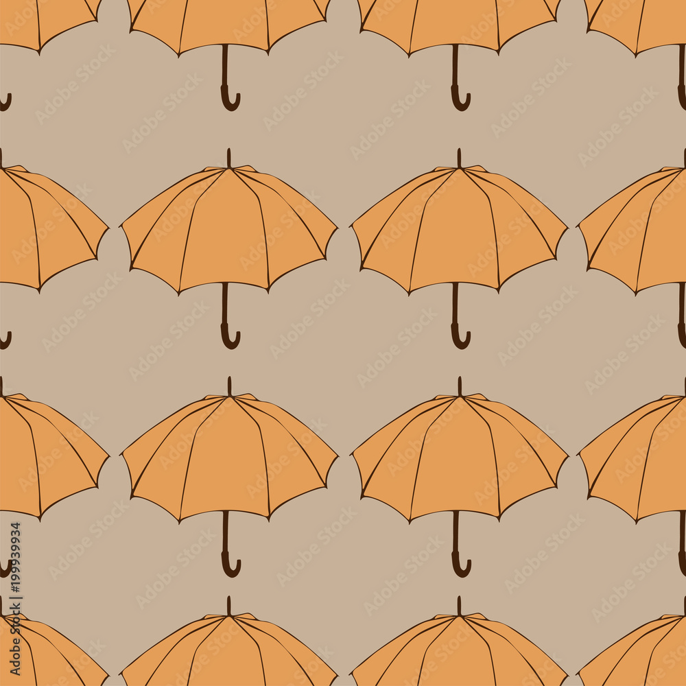 Seamless pattern with doodle umbrellas. For fabric, textile, wallpaper, wrapping paper. Vector Illustration. Autumn hand drawn sketch. Orange elements on beige background.