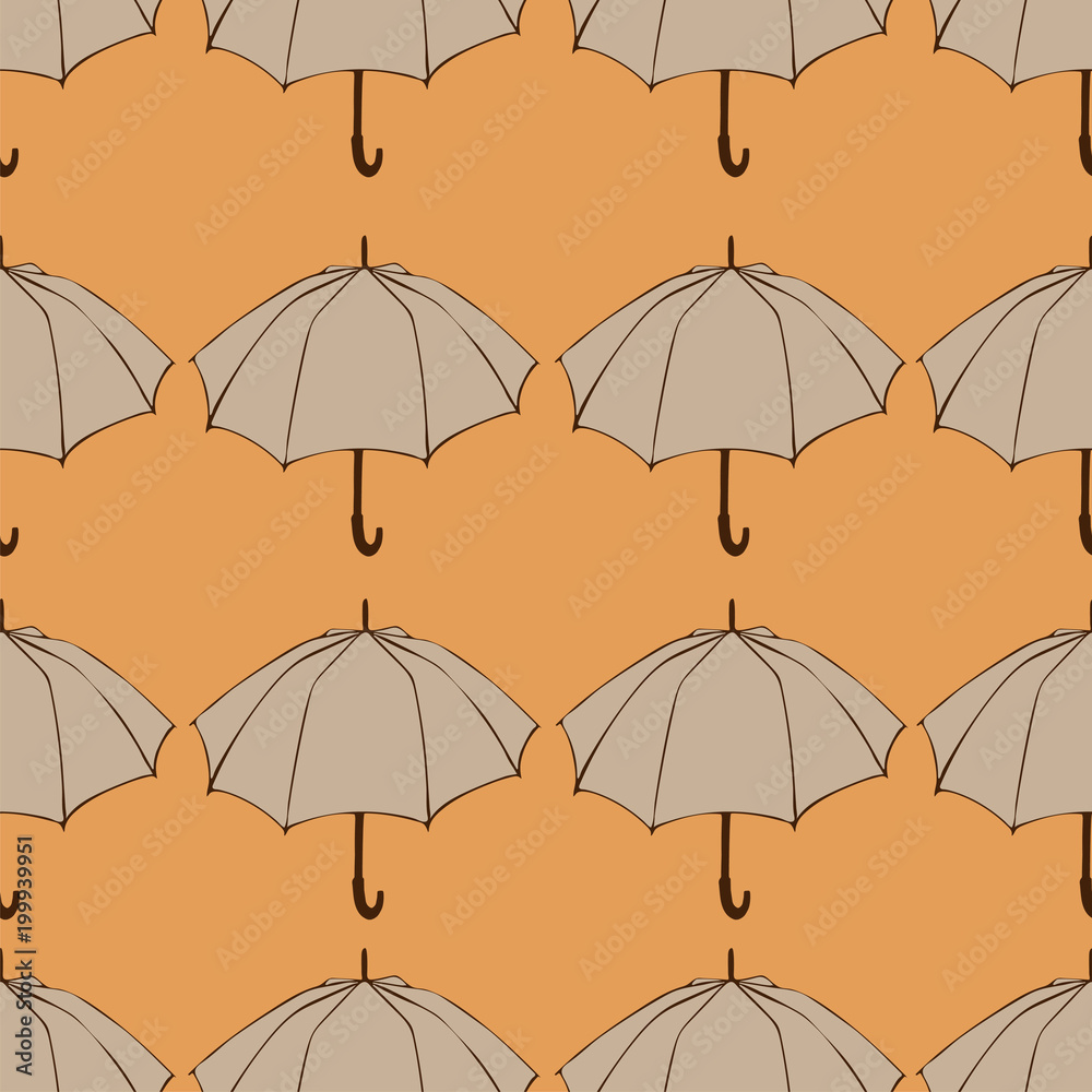 Seamless pattern with doodle umbrellas. For fabric, textile, wallpaper, wrapping paper. Vector Illustration. Autumn hand drawn sketch. Beige elements on orange background.