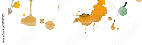 Orange watercolor splashes and blots on white background. Ink painting. Hand drawn illustration. Abstract watercolor artwork.