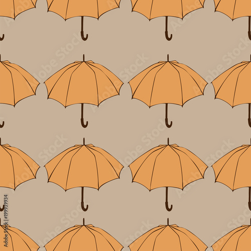 Seamless pattern with doodle umbrellas. For fabric, textile, wallpaper, wrapping paper. Vector Illustration. Autumn hand drawn sketch. Orange elements on beige background.