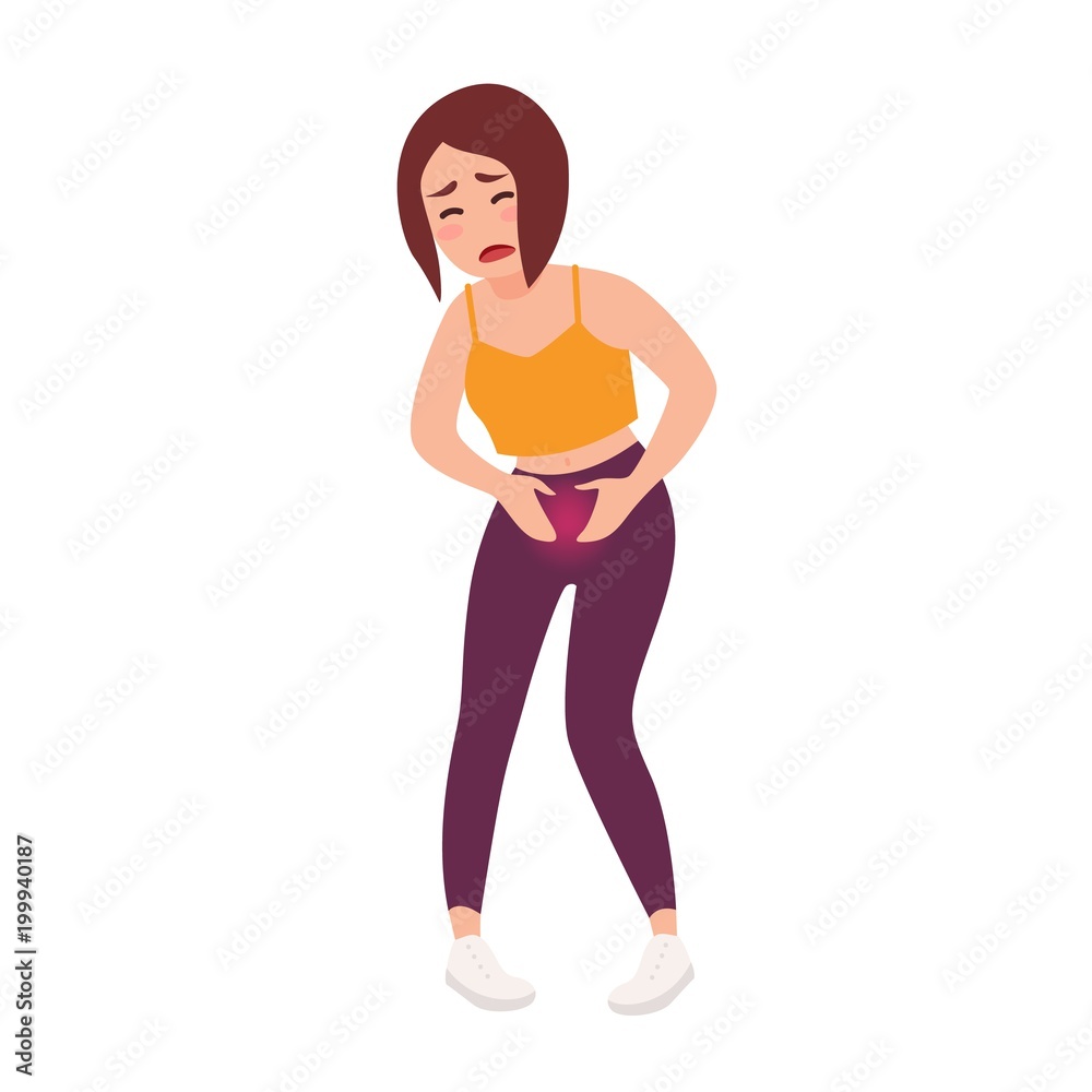 Young woman suffering from abdominal pain or feeling stomach ache. Distressed girl standing with her hands on tummy. Flat female cartoon character isolated on white background. Vector illustration. Young woman suffering from abdominal pain or feeling stomach ache. Distressed girl standing with her hands on tummy. Flat female cartoon character isolated on white background. Vector illustration.