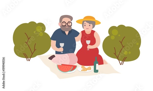Happy elderly couple having romantic dinner outdoor isolated on white backgro...