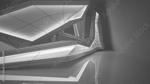 Abstract drawing white parametric interior. Polygon black drawing. 3D illustration and rendering.