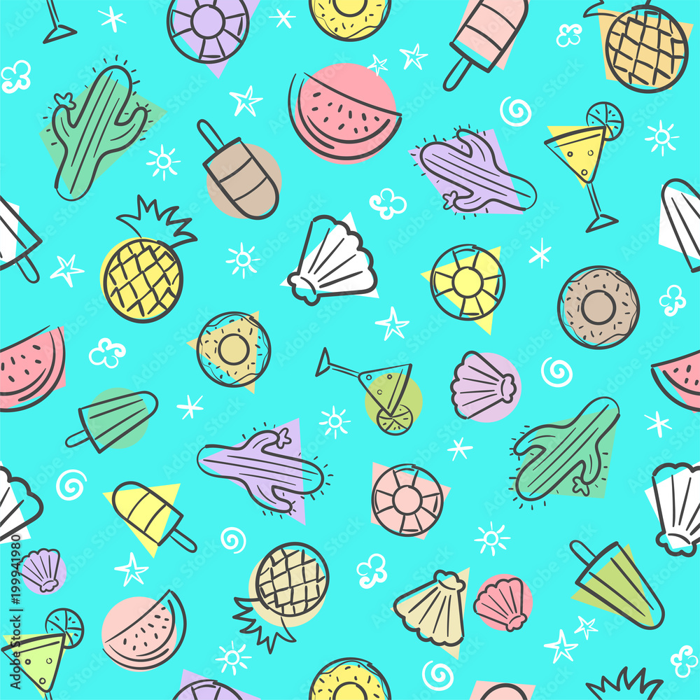Cute seamless summer pattern with summer elements including sea