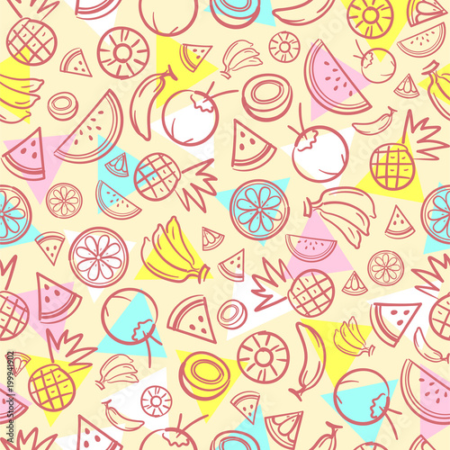 Colorful sketch mixed tropical fruits seamless summer pattern background vector format