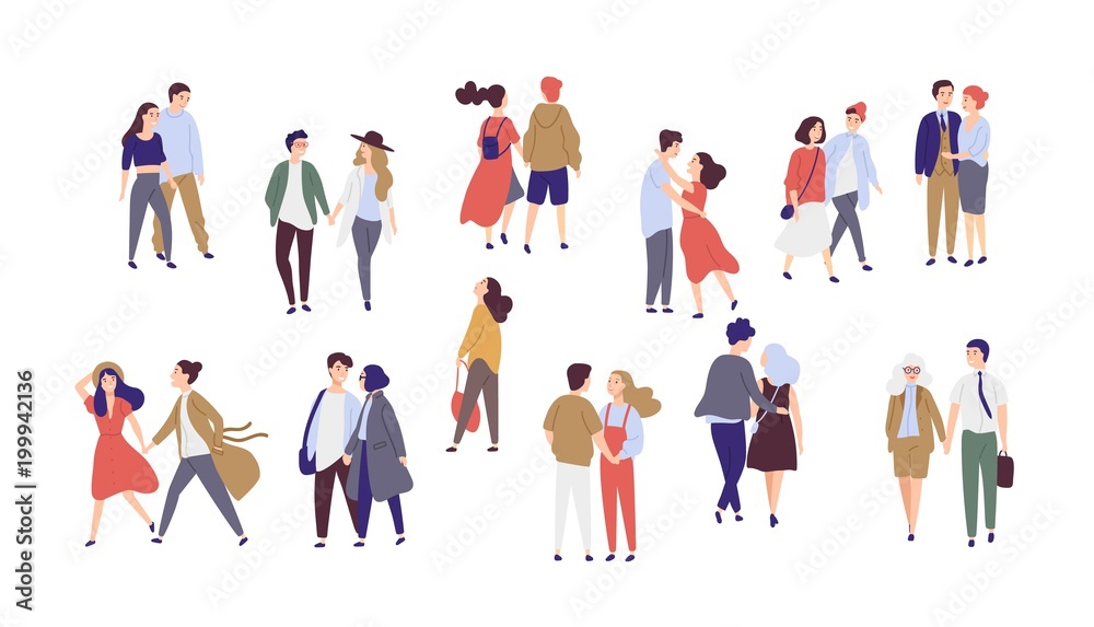 Standing lonely single girl surrounded by happy romantic couples walking  together or pairs of men and women on date. Flat cartoon characters  isolated on white background. Colorful vector illustration. Stock Vector |