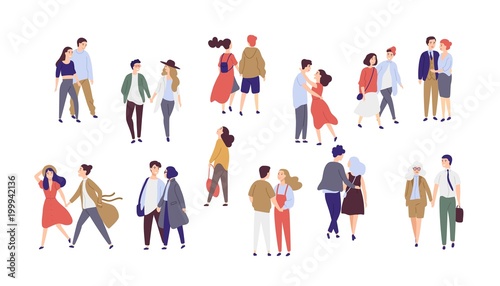 Standing lonely single girl surrounded by happy romantic couples walking together or pairs of men and women on date. Flat cartoon characters isolated on white background. Colorful vector illustration.